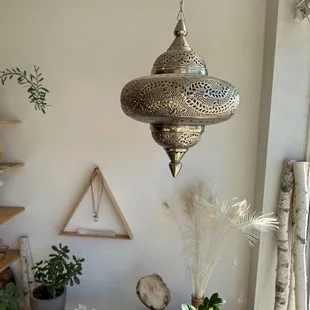 Corner of shop. Morrocan chandelier.