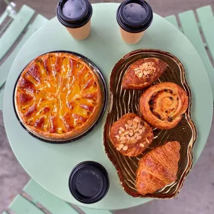 Peach Tart Large, Croissants: plain, almond, almond-chocolate, Pain Au Raisin