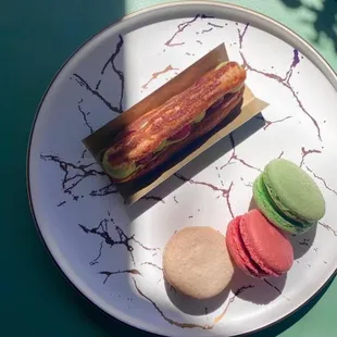 Raspberry-Pistachio Eclair &amp; Macarons (Caramel, Raspberry, Pistachio)
