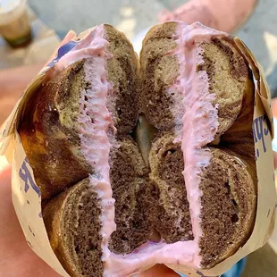 Pumpernickel raisin swirl bagel w/ strawberry cream cheese