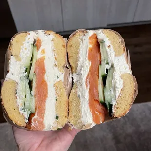 Eggything (double-toasted) with chive cream cheese, lox, and cucumber...so good