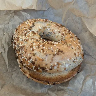 Sesame bagel with hatch chili cream cheese