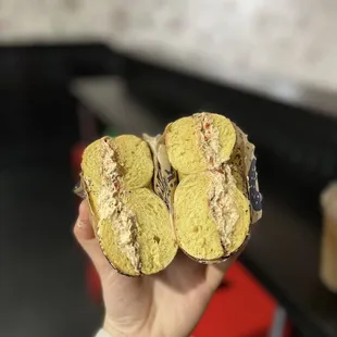 pesto &amp; sundried tomato cream cheese on eggything bagel