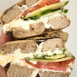 Gluten Free Everything Bagel w/ Horseradish Cheddar CC, sprouts, cucumber, and tomato
