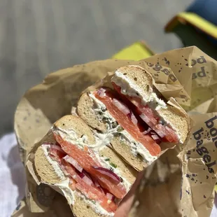 Classic (lox, capers, red onion, chive cream cheese)  on everything bagel