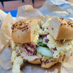 Egg Salad, Tuna Salad, Red Onion, Cucumber on Garlic Bagel Daily Special