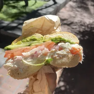 Sesame Bagel, Lox Spread, Avocado, Cucumber, Sprouts, Tomato, &amp; Red Onion.