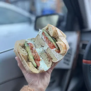 Sesame w chive cream cheese tomato and cucumber