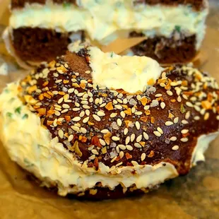 Pumpernickel everything with chive spread.