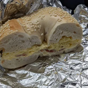 Bacon, Egg, and Cheese on a Fresh Sesame Bagel.
