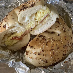 Egg + bacon on everything bagel