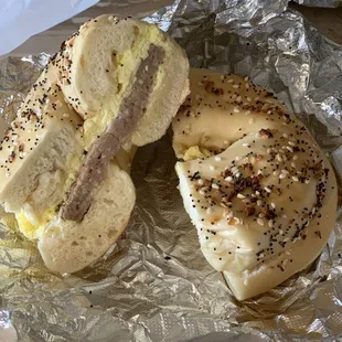 Egg + sausage on everything bagel
