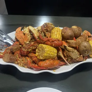 Boil with Jonah Crab Claws, Snow Crab (on the bottom, can't really see it here), Cajun sausage, and Crawfish!