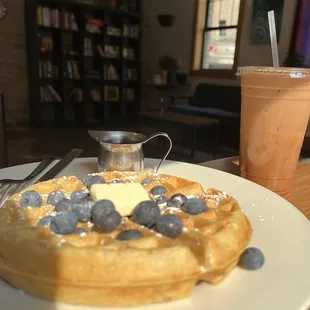 Iced mocha with almond milk and fresh waffle with Blueberry