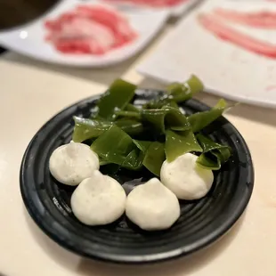 Fish balls with roe, seaweed bow ties