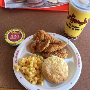 4 Piece Chicken Supremes with BBQ Sauce, Mac &amp; Cheese, and a Biscuit.  Came with a Free Iced Tea Also