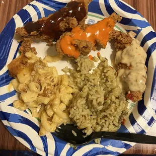 I got home and experimented and this was an awesome meal. All the sauces were great and the chicken tenders were so tender and flavorful.