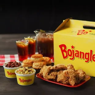 a box of bojangle&apos;s chicken nuggies and a plate of fried chicken nuggies
