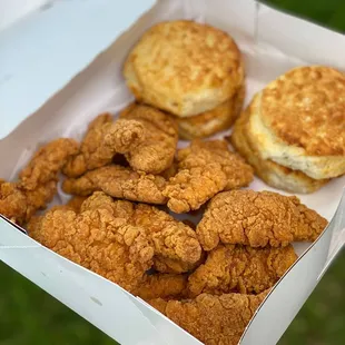a box of fried chicken and biscuits