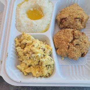 Salmon croquettes, eggs and grits