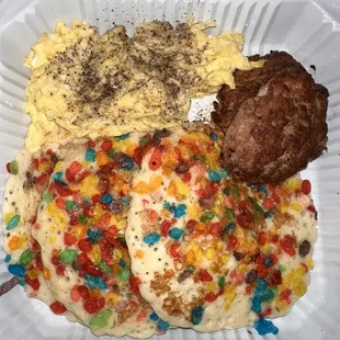Fruity Pebbles Flapjax, eggs &amp; sausage.