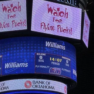 BOK Arena Scoreboard Signage - Watch for Flying Pucks!!!