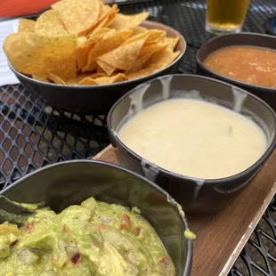 Homemade guacamole, queso &amp; salsa