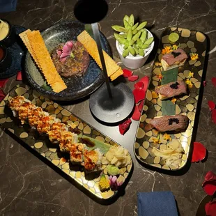 Wagyu nagiri. Bluefin tuna tartar.  Samarai roll.