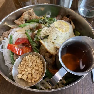 Pork bun bowl with fried egg.