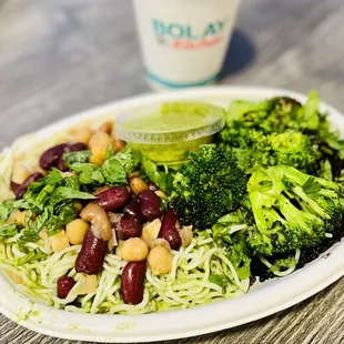 Regular bowl - cilantro noodles, forbidden rice, power beans, ginger broccoli and more cilantro!