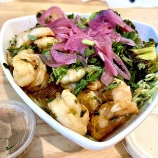 Small Bol, with Shrimp (extra $), &amp; Pineapple Habanero and Garlic sauces on side