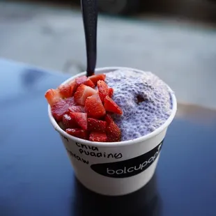 One Scoop açaí bowl. Strawberry and Chia Pudding topping.