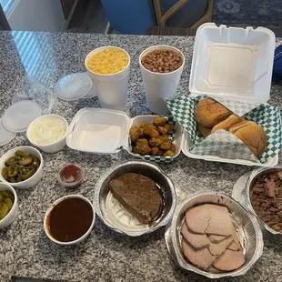 Regular family pack with smoked turkey, brisket, mac and cheese, smoked beans, fried okra &amp; meatloaf!
