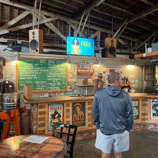 a man standing in front of a bar