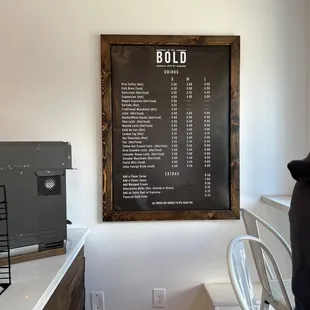 a menu on the wall