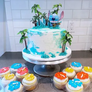 Stitch custom cake and tropical flower cupcakes