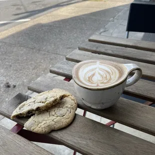 Enjoying the great weather with a Fresh Chocolates Chip Cookie and a Latté!