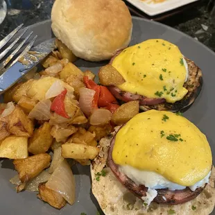 Eggs benedict. Interesting choice in bread roll but it was tasty!