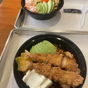 Tempura shrimp make your own bowl..I also added mandarin oranges, cream cheese, regular shrimp, jalapeños &amp; corn..
