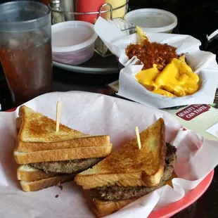Grilled cheese bacon burger, and chili cheese fries