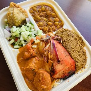 Butter Chicken, Tandoori Chicken, Ground Lamb Malabari w/ Chick Peas, Cucumber Salad &amp; Samosa!