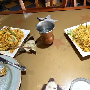 three plates of food on a table