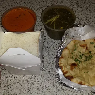 dinner take out, palak paneer, tikka masala, garlic naan and gulab jaman