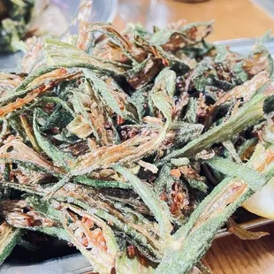 Okra served with cucumber yogurt