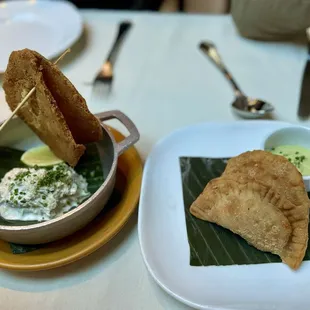 Cod fritter with crab &amp; chicken empanadas