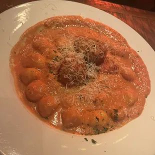 Gnocchi with palamino sauce and meatballs