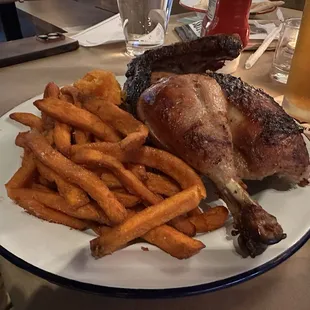 Rotisserie chicken with fries and squash
