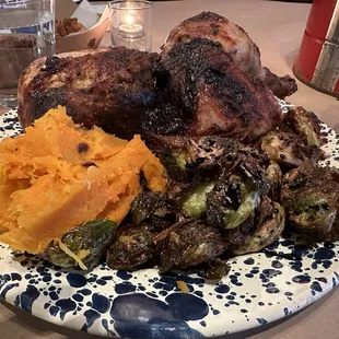 Rotisserie chicken with squash and sprouts