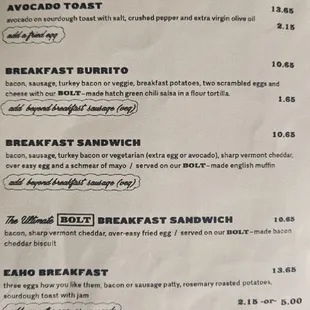 Breakfast menu