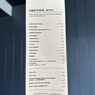Coffee / Beverage menu